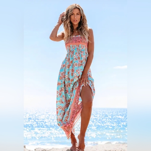 Cupshe Dresses & Skirts - Cupshe Floral Maxi Dress With Cinched Ruffle Top- in Aqua & Coral